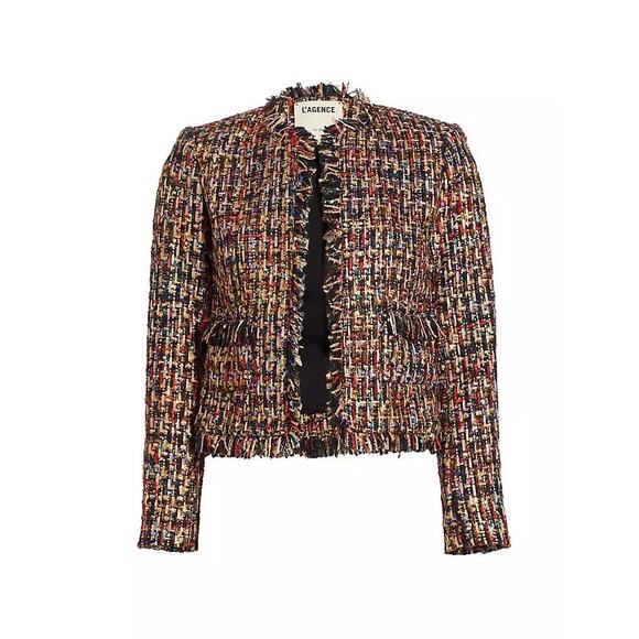 L'AGENCE Angelina Gold black Tweed Plaid Jacket fringe trim size 18 - Picture 16 of 16